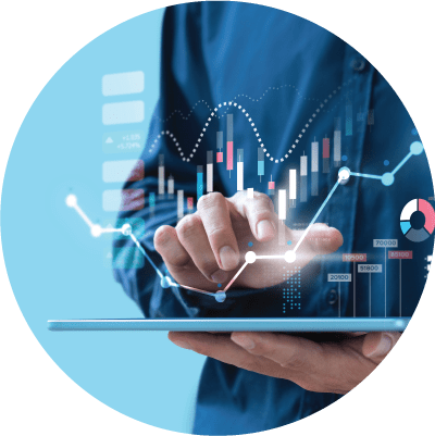 hand on tablet with various graphs
