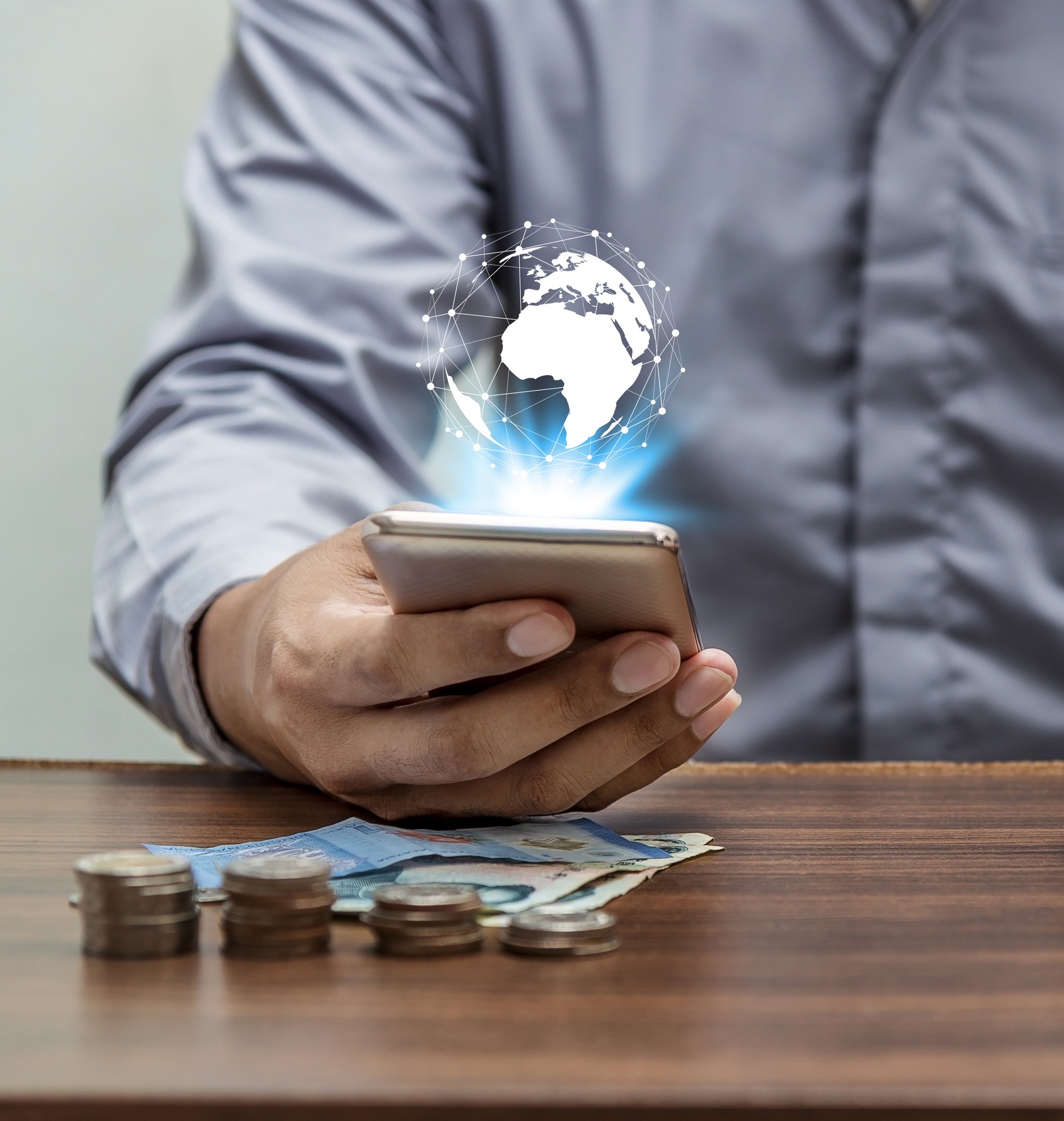 Online banking and internet banking and mobile banking concept, Business man with phone, aptop, smartphone, mobile phone on white background