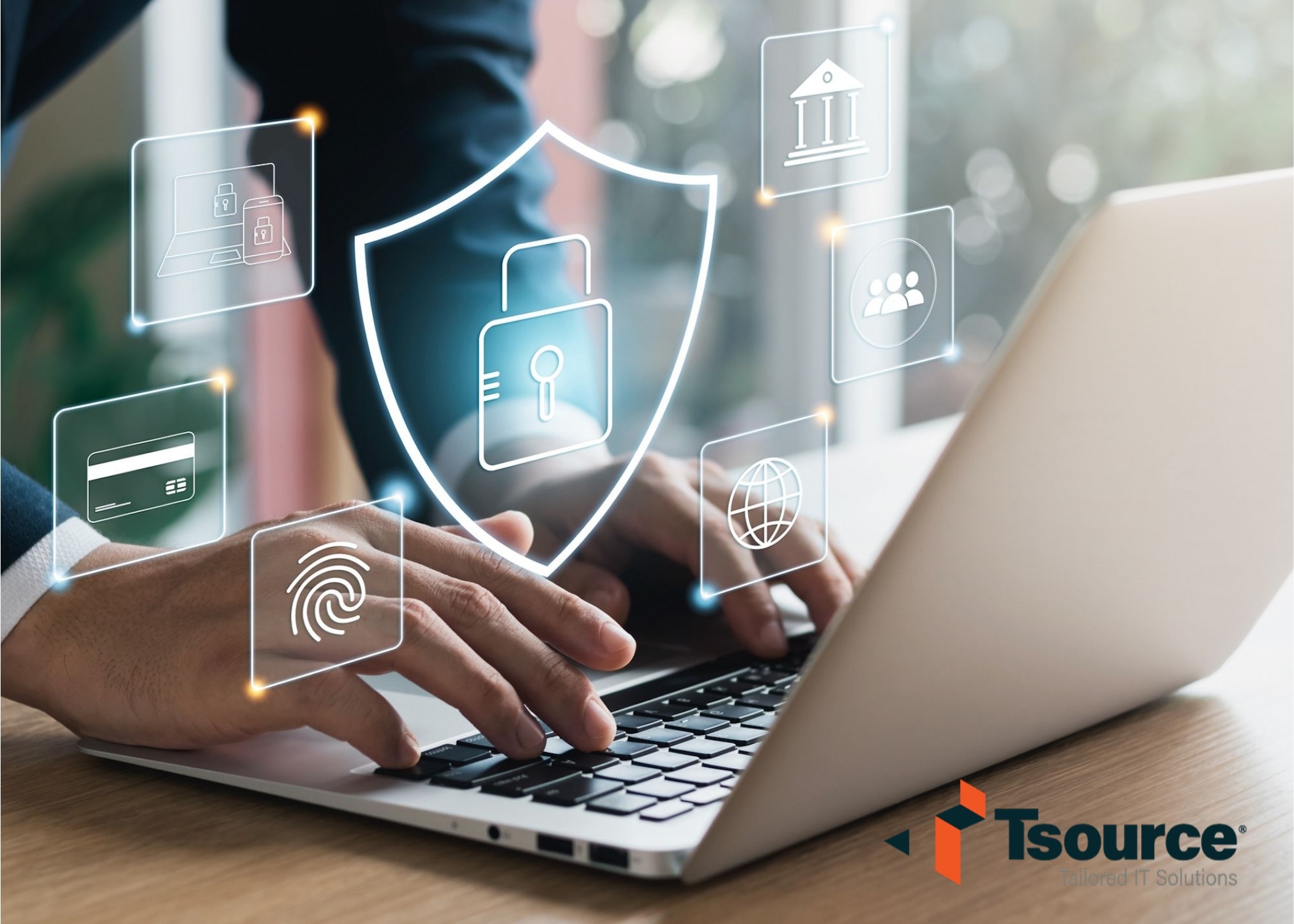 Image of a person typing on a laptop with technology related icons