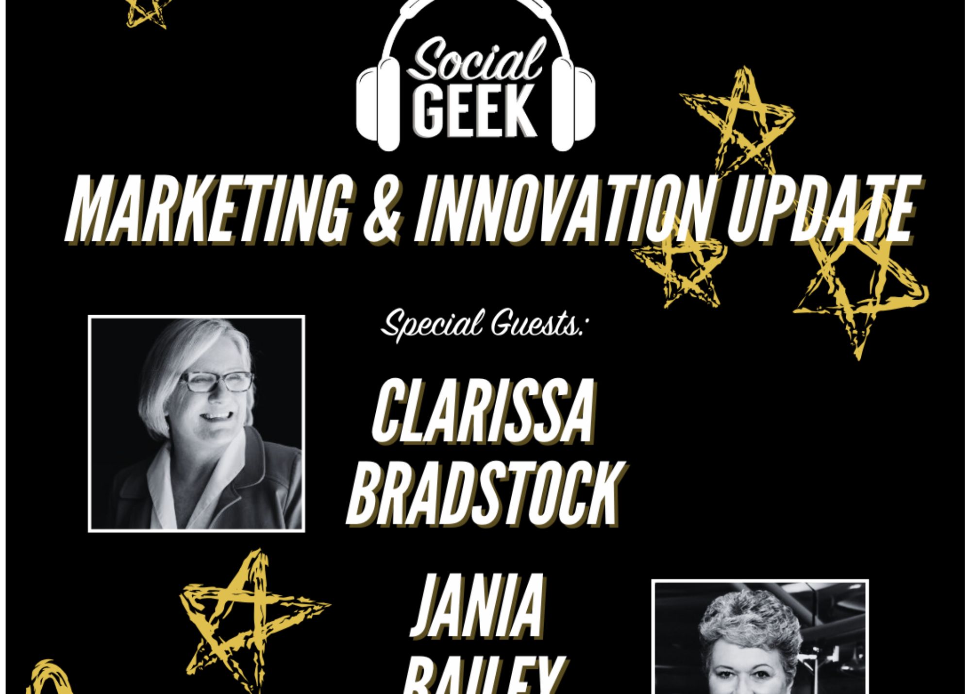 Image showcasing guests of the Social Geek podcast for marketing and innovation.