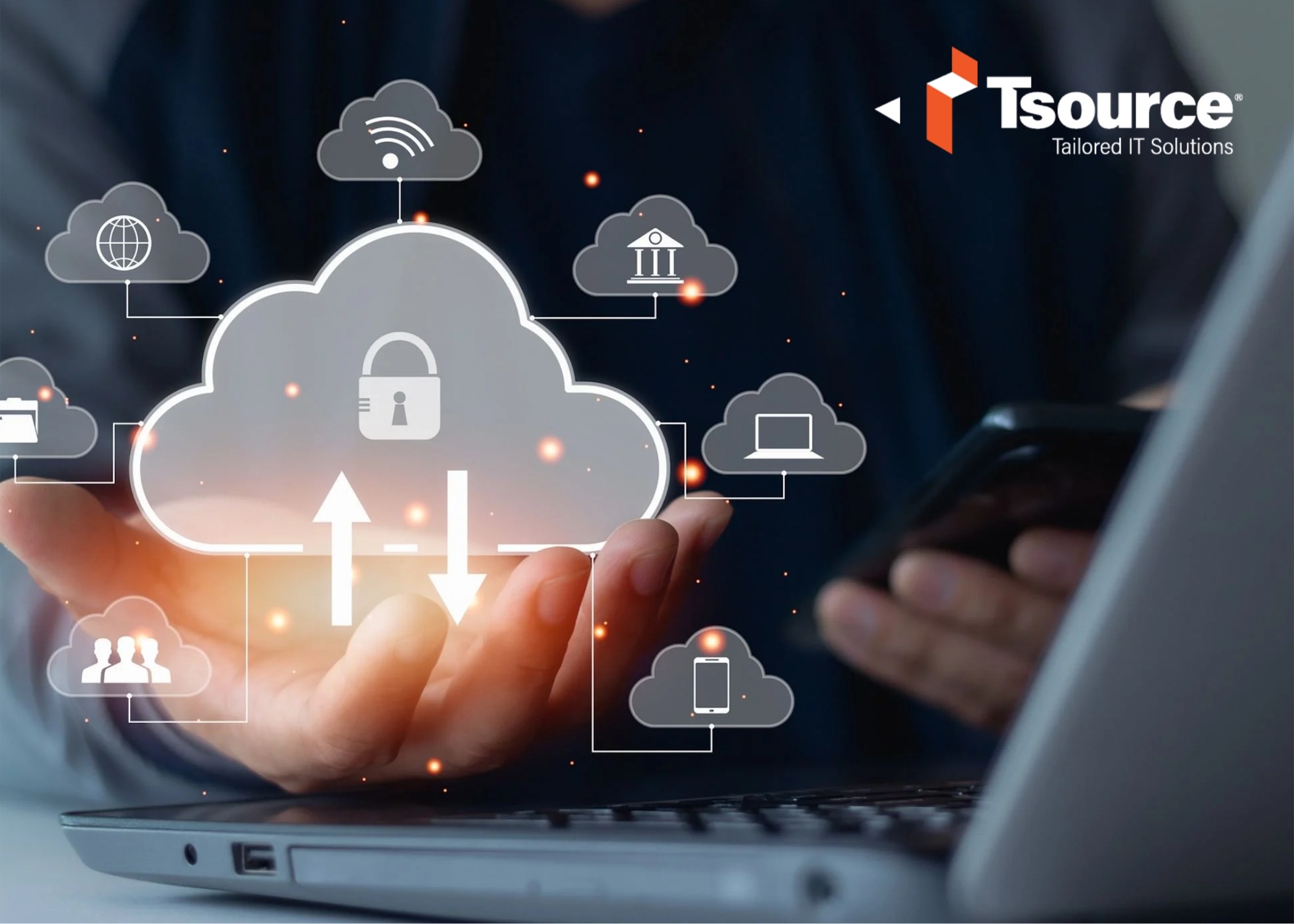 Image with a cloud and various icons explaining the IT infrastructure for Franchise Success