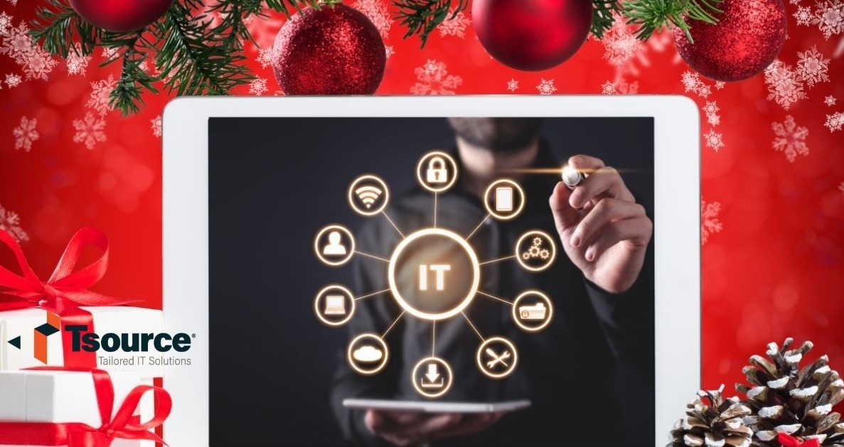 Image showcasing a tablet and holiday decor for TsourceIT